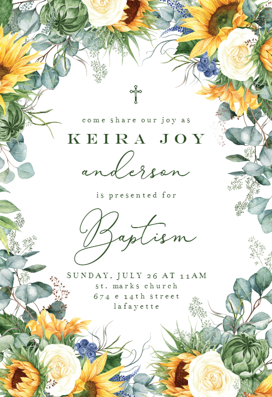 Sunflowers Baptism & Christening Invitation Template Greetings Island