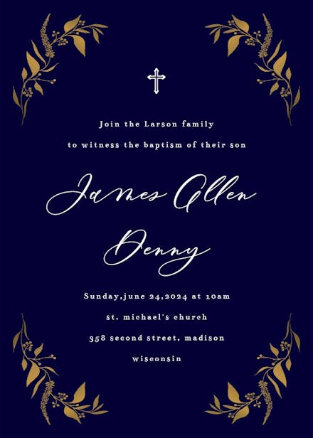 Tiny Gold Botanical - Baptism & Christening Invitation Template ...