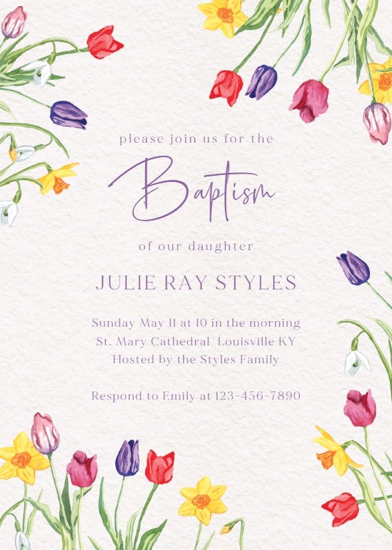 Tulips and daffodils - invitación para bautizo