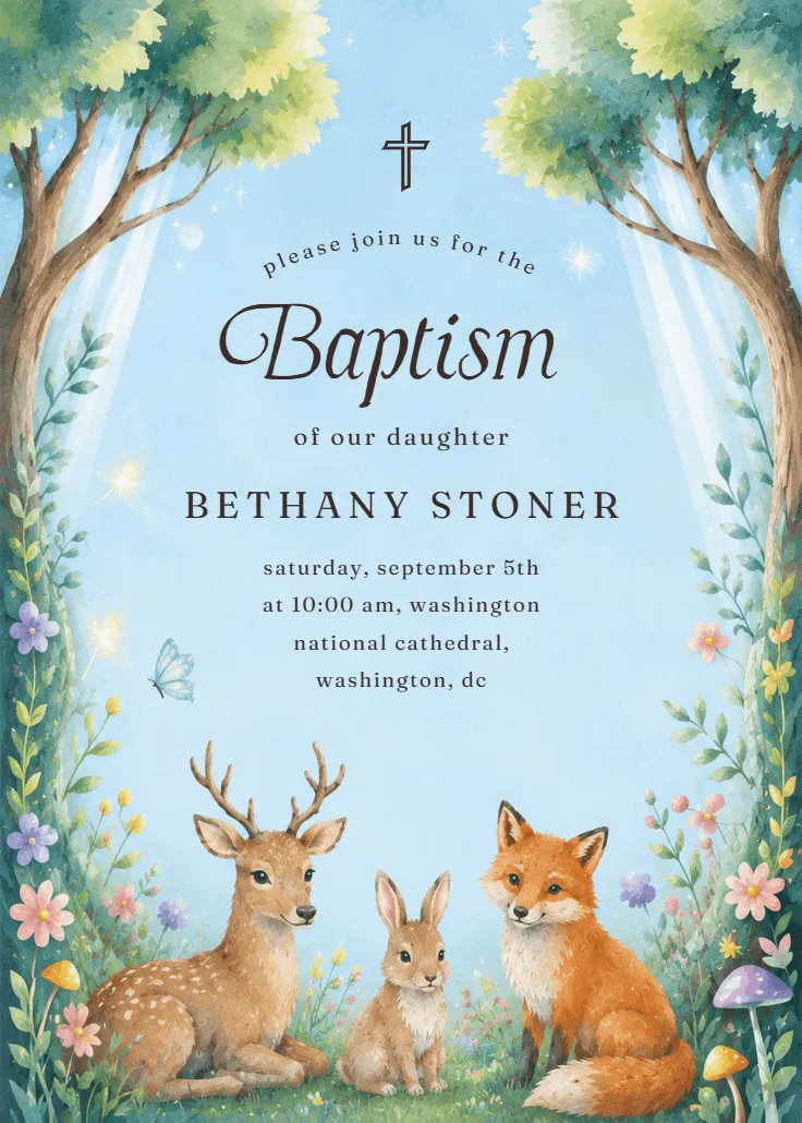 Whimsical forest - baptism & christening invitation
