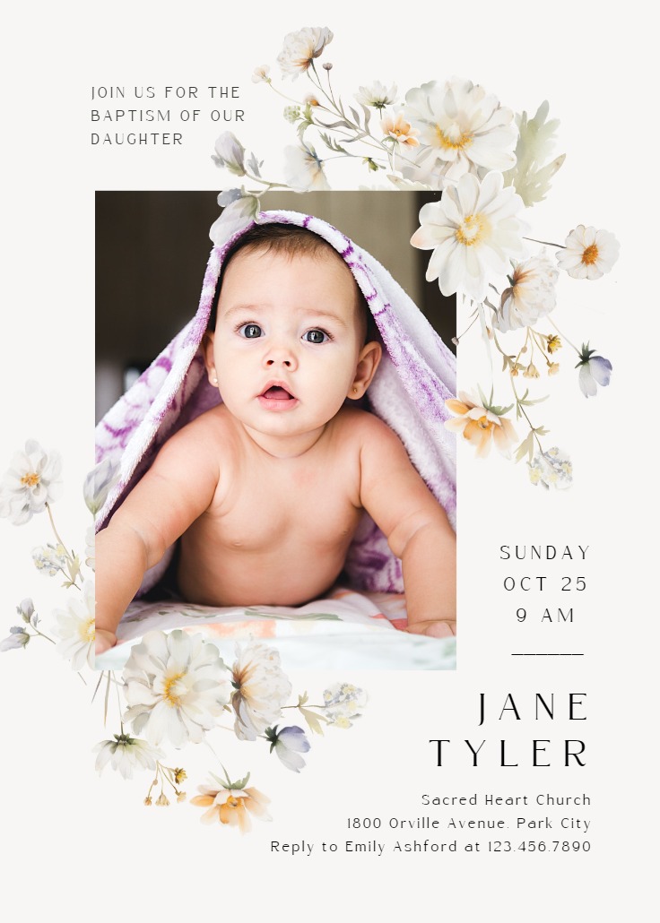 White wildflowers - Baptism & Christening Invitation Template ...