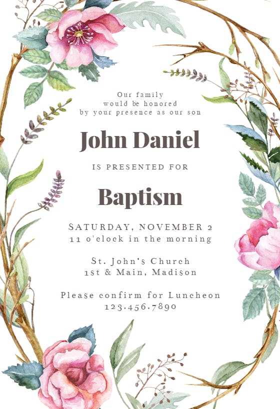 Woodland flower wreath - invitación de bautizo