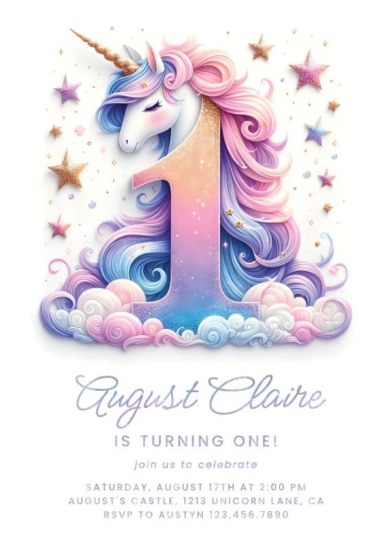 1st ombre unicorn -  invitación de cumpleaños