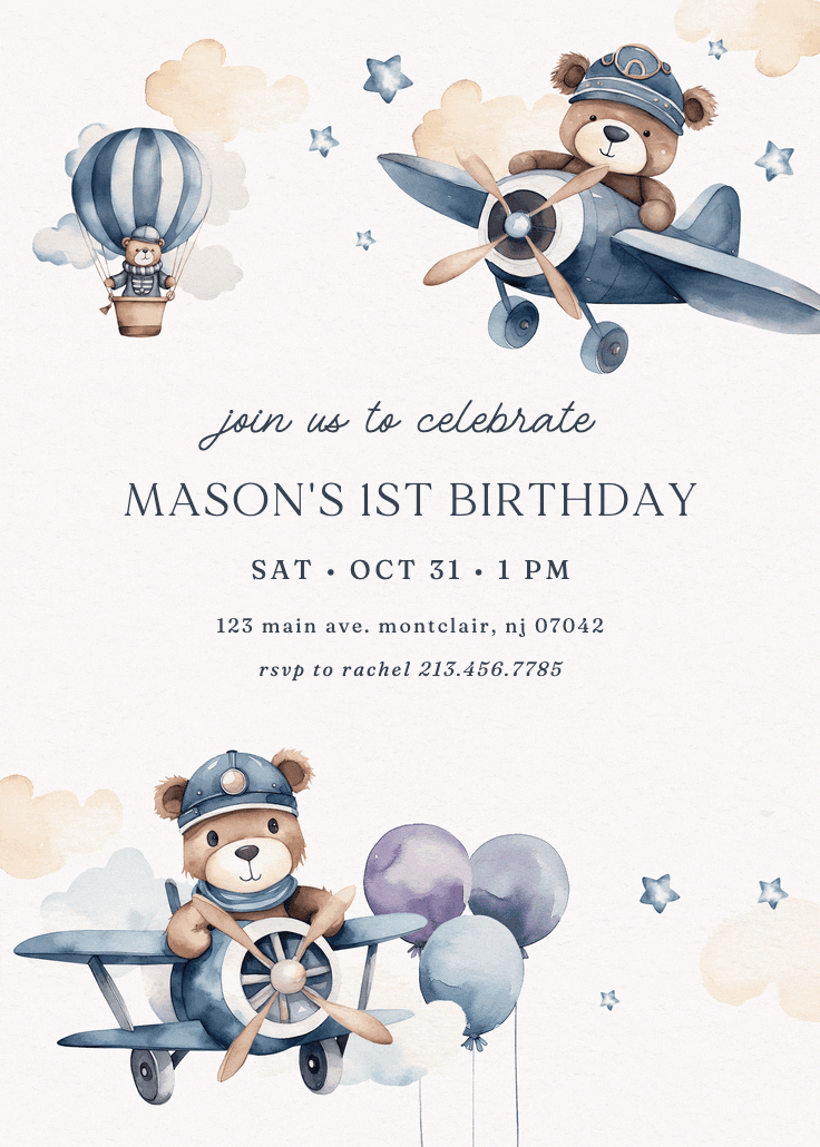 Beary cute pilot - invitación de cumpleaños