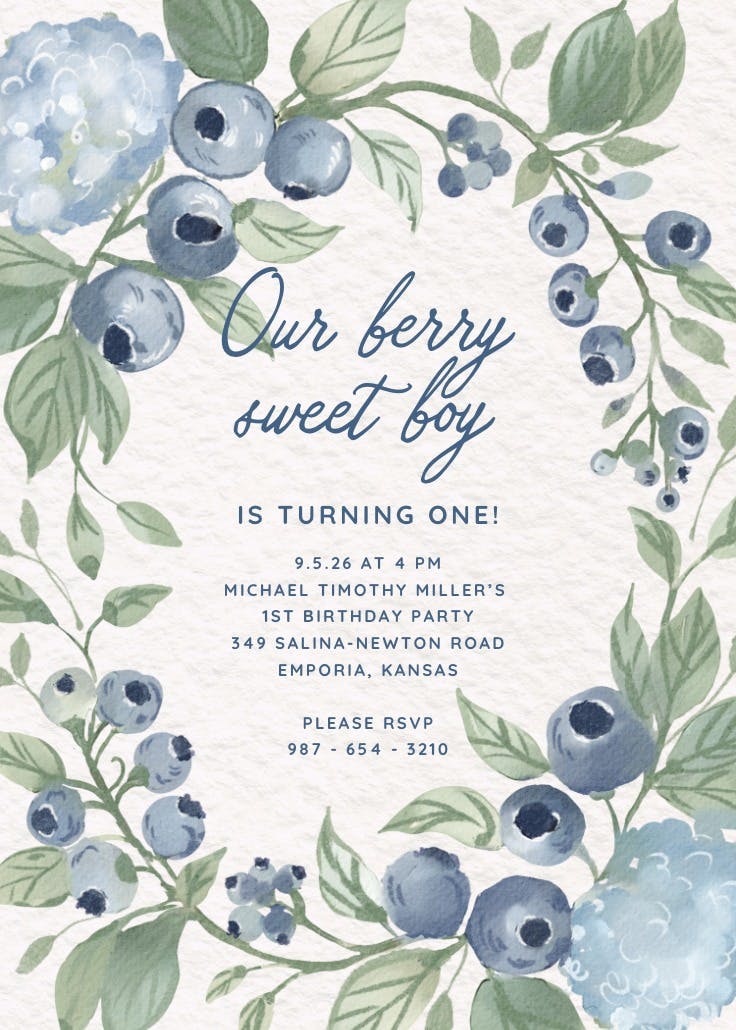 Blueberry wreath - invitación de cumpleaños