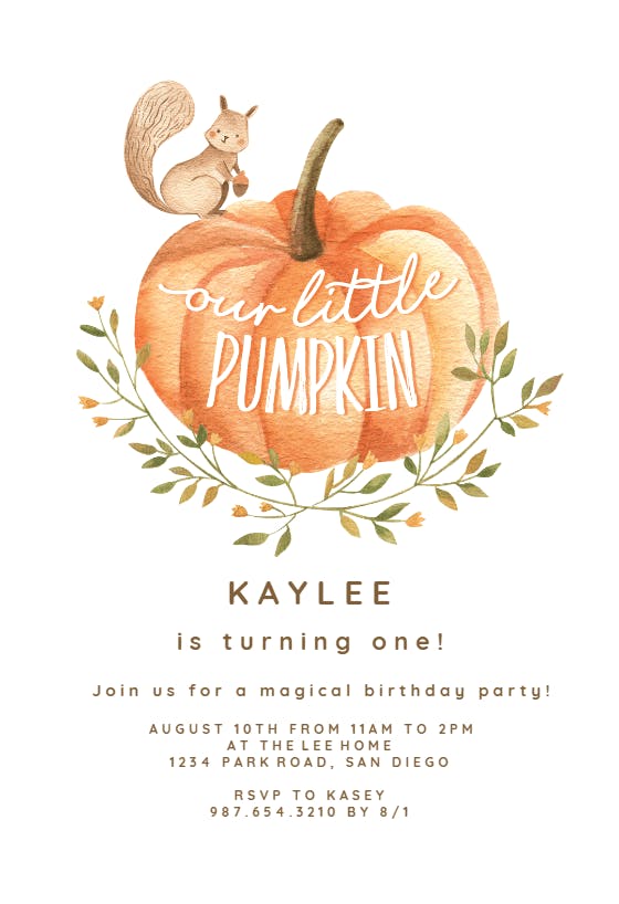 Cute squirrel & pumpkin - birthday invitation