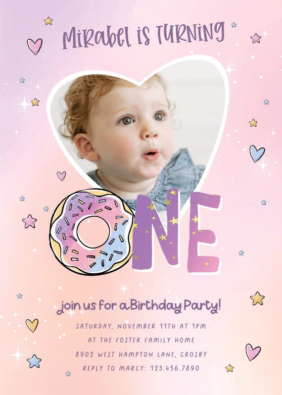 Donut one -  invitación de fiesta de cumpleaños con foto