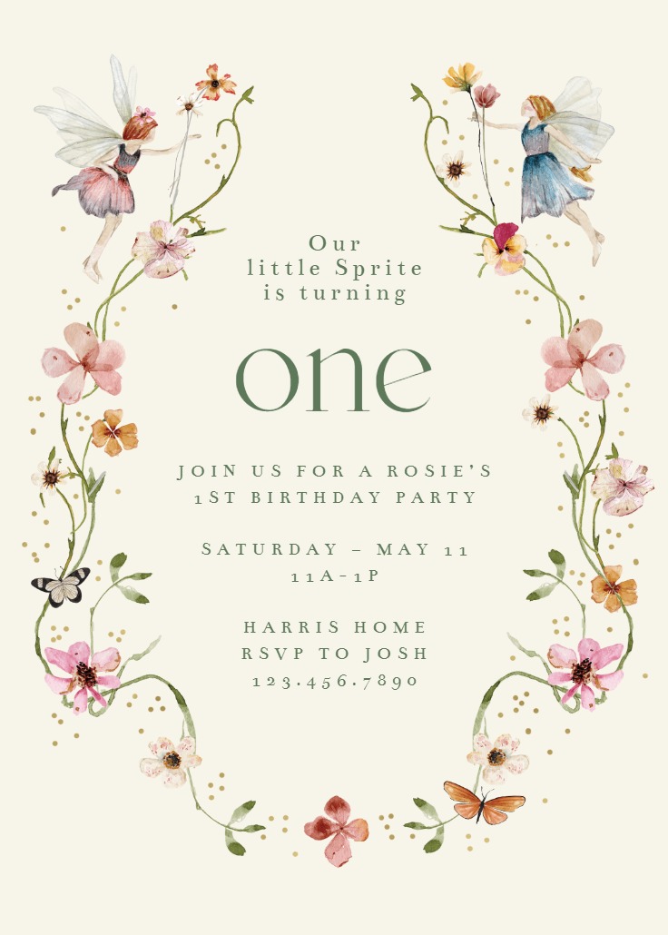 Fairies & Flowers - 1st Birthday Invitation Template | Greetings Island