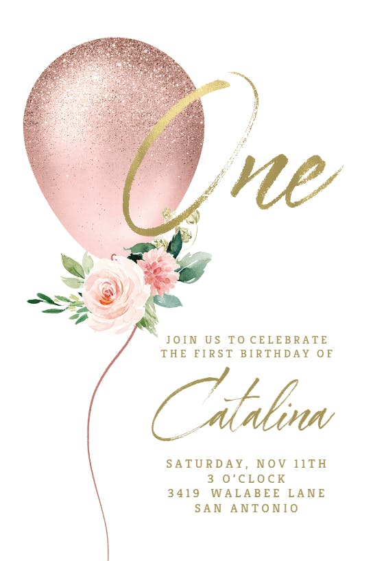 Floral glitter balloon -  invitación de cumpleaños