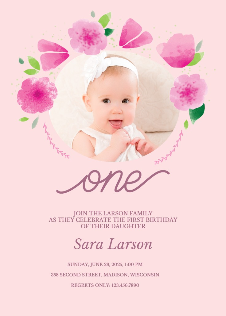 Flowers Frame - 1st Birthday Invitation Template (Free) | Greetings Island