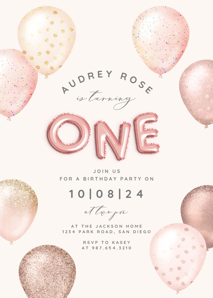 Foil & Glitter balloons - 1st Birthday Invitation Template | Greetings ...