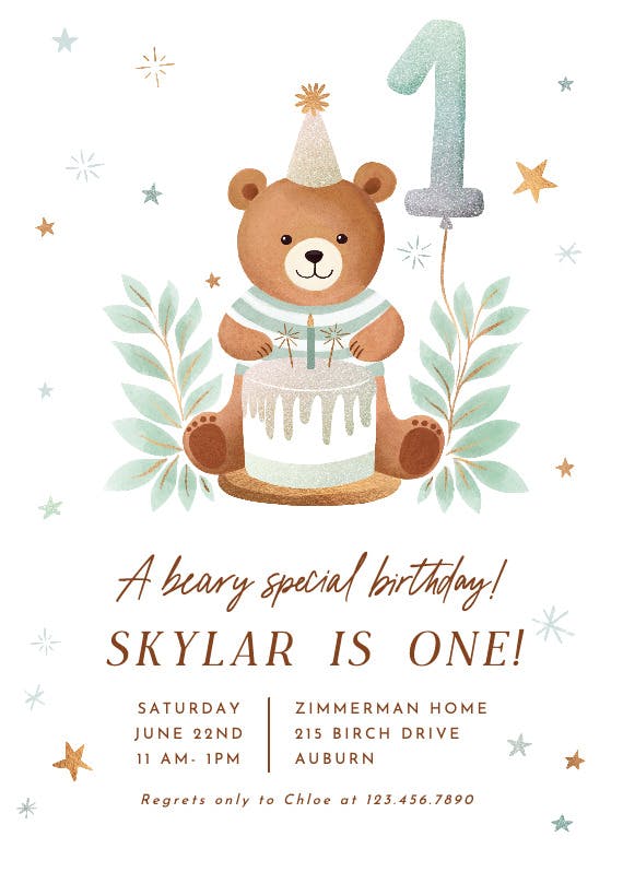Glitter bear - birthday invitation