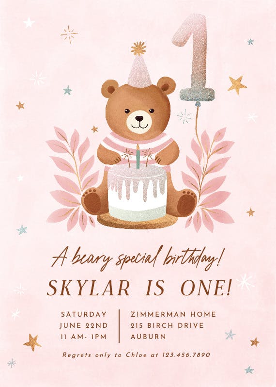 Glitter bear - birthday invitation