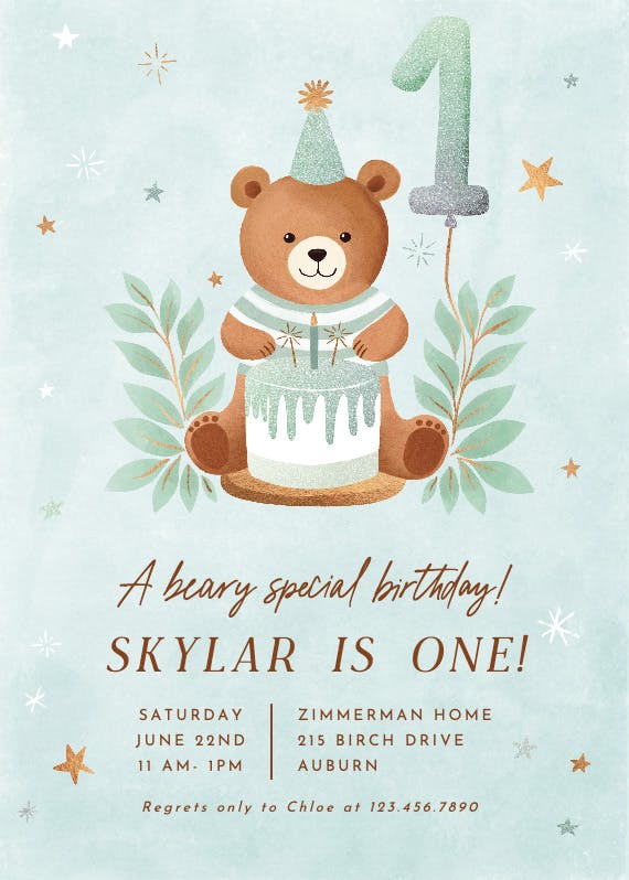 Glitter bear -  invitación de cumpleaños