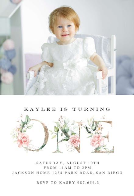 Gold and Floral One Lettering - Birthday Invitation