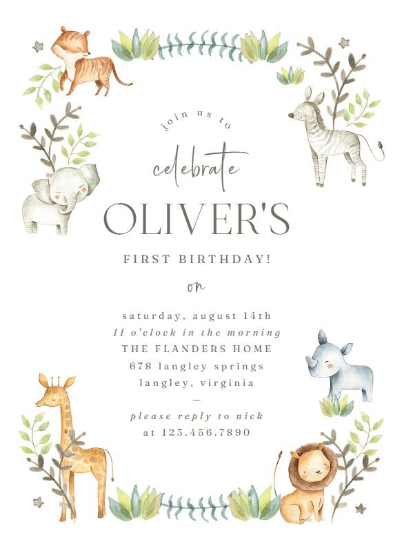 Happy zoo animal wreath - birthday invitation