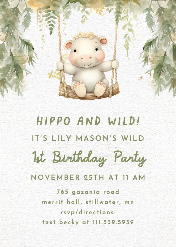 Hippo and wild - printable party invitation