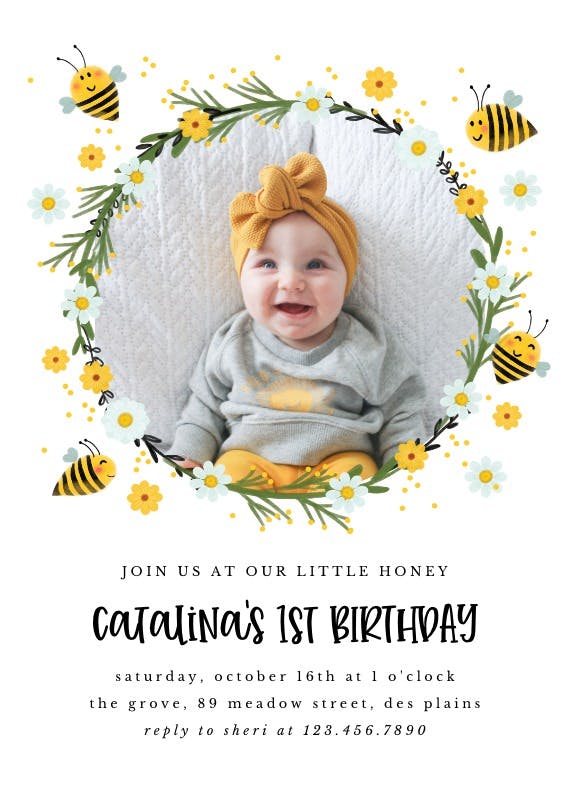 Honey bee wreath -  invitación de fiesta de cumpleaños con foto