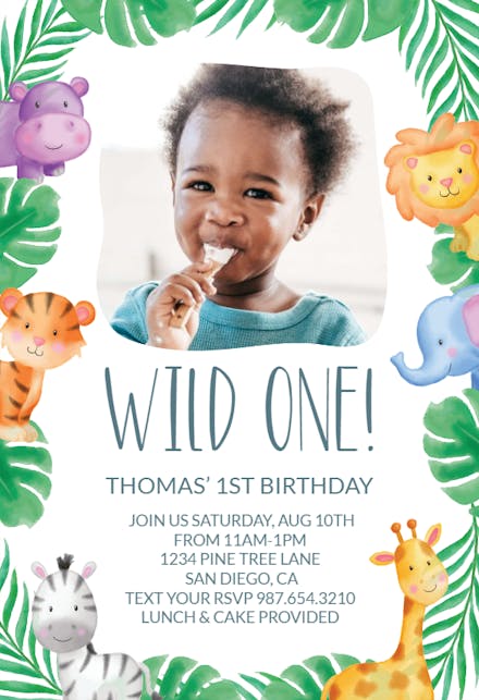 BIRTHDAY INVITATIONS 1st Birthday,Cute Jungle Animals,Wild One