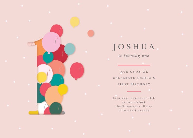 One year balloons - birthday invitation