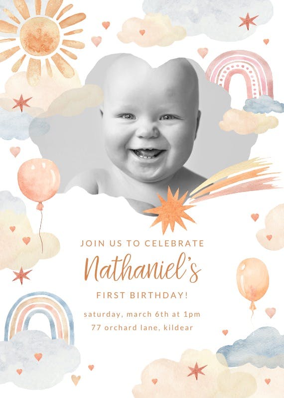 Pastel clouds and rainbows - party invitation