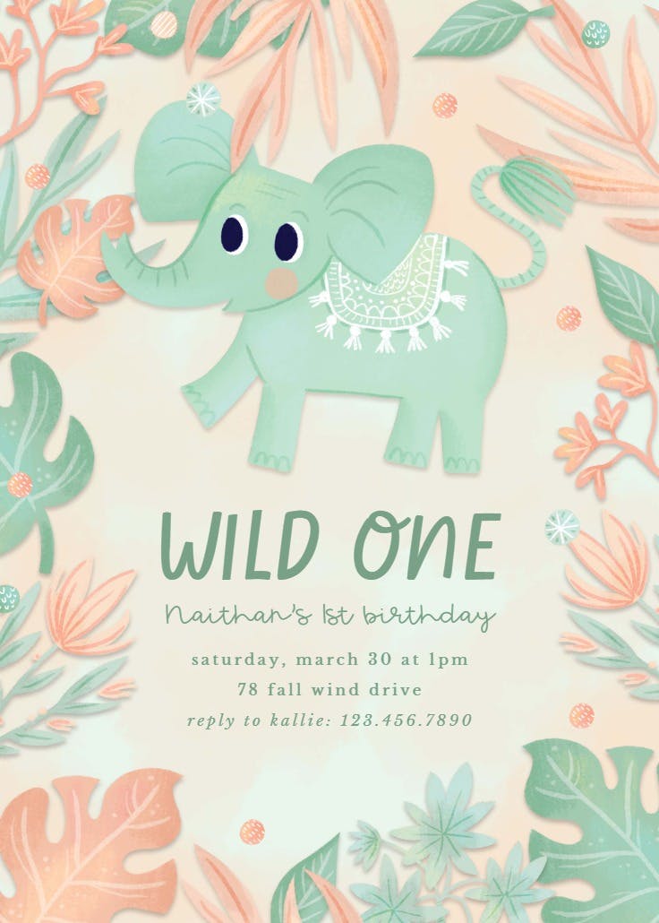 Pink and blue elephant - birthday invitation