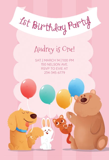 Pink Furry Friends - Invitación de Cumpleaños
