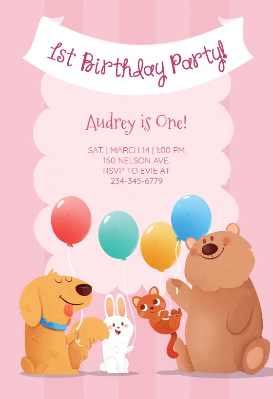 Pink furry friends - birthday invitation
