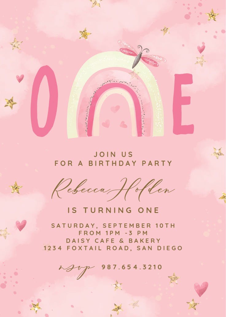 Pink rainbow and bug - invitación de cumpleaños