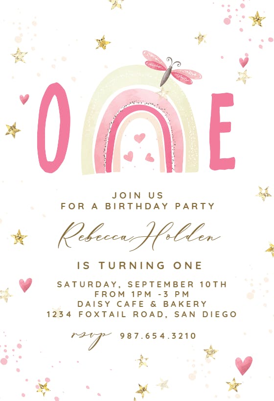 Pink rainbow and bug - birthday invitation