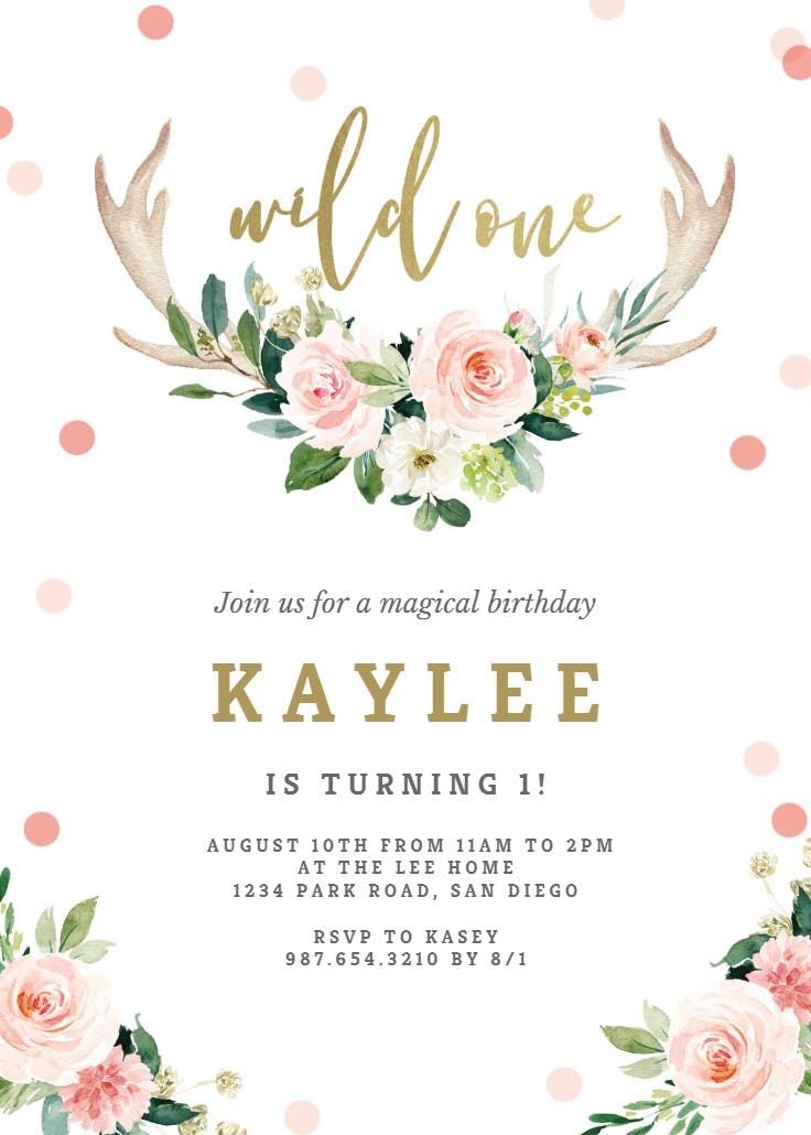 Roses & deer antler - birthday invitation