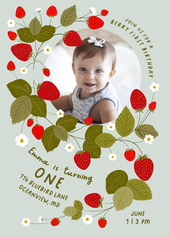 Strawberries everywhere -  invitación de fiesta de cumpleaños con foto