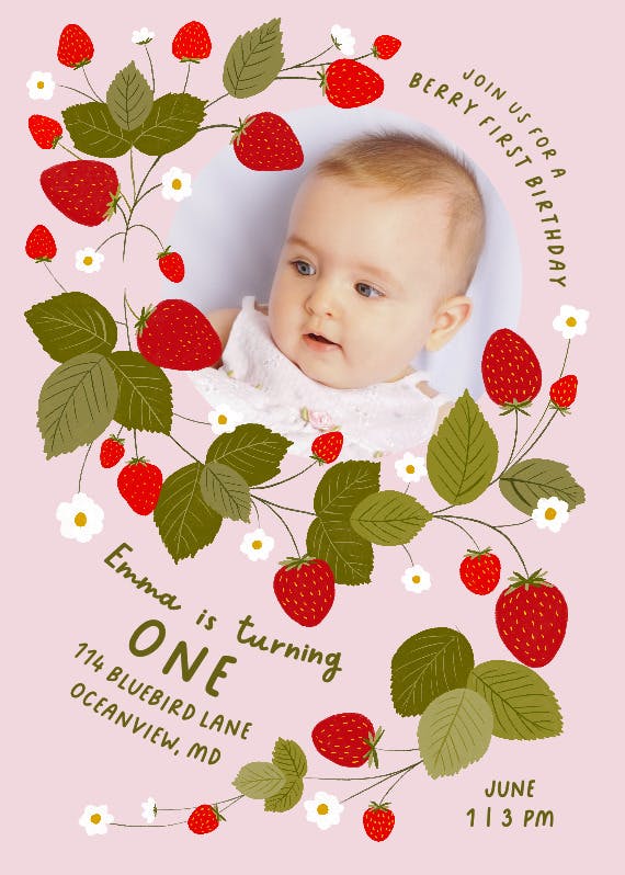 Strawberries everywhere -  invitación de fiesta de cumpleaños con foto