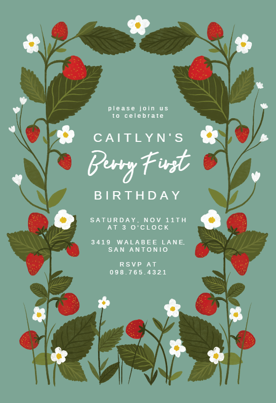 Strawberry garden - 1st Birthday Invitation Template | Greetings Island