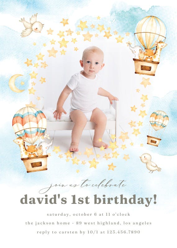Warm baby balloon -  invitación de fiesta de cumpleaños con foto