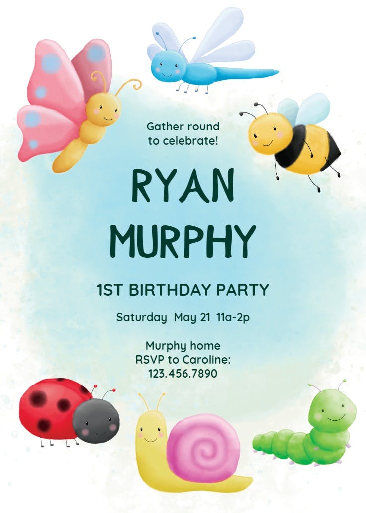 Watercolor bugs - invitación de cumpleaños