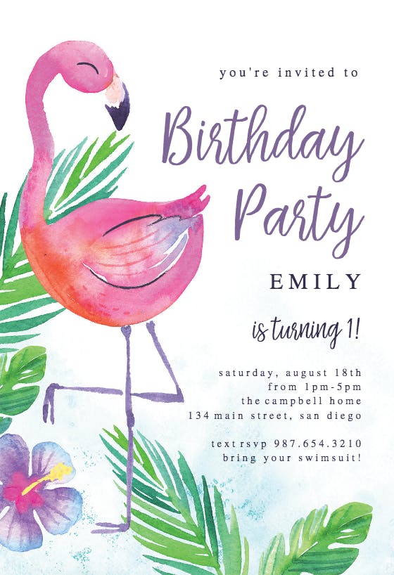 Watercolor flamingo - birthday invitation