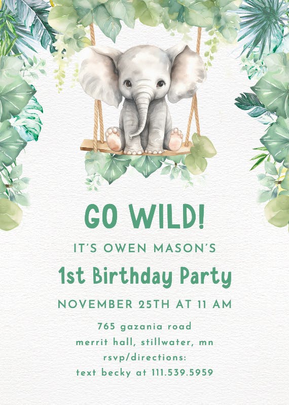 Wild elephant - invitación para fiesta