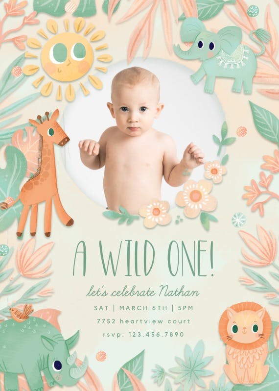 Wild pastel safari -  invitación de fiesta de cumpleaños con foto