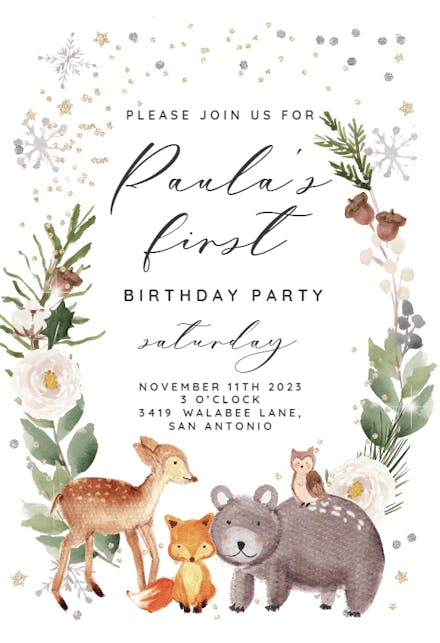 Winter Floral Woodland - Birthday Invitation
