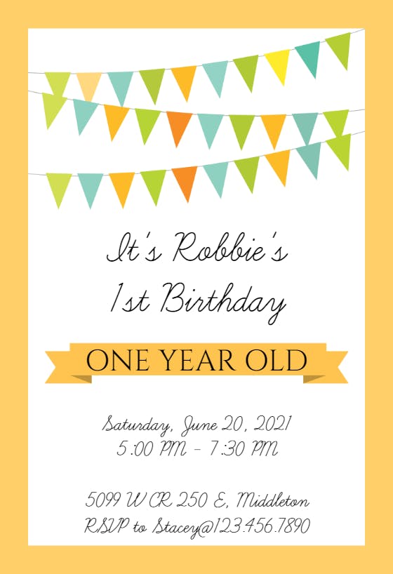 Yellow birthday party pennants - birthday invitation