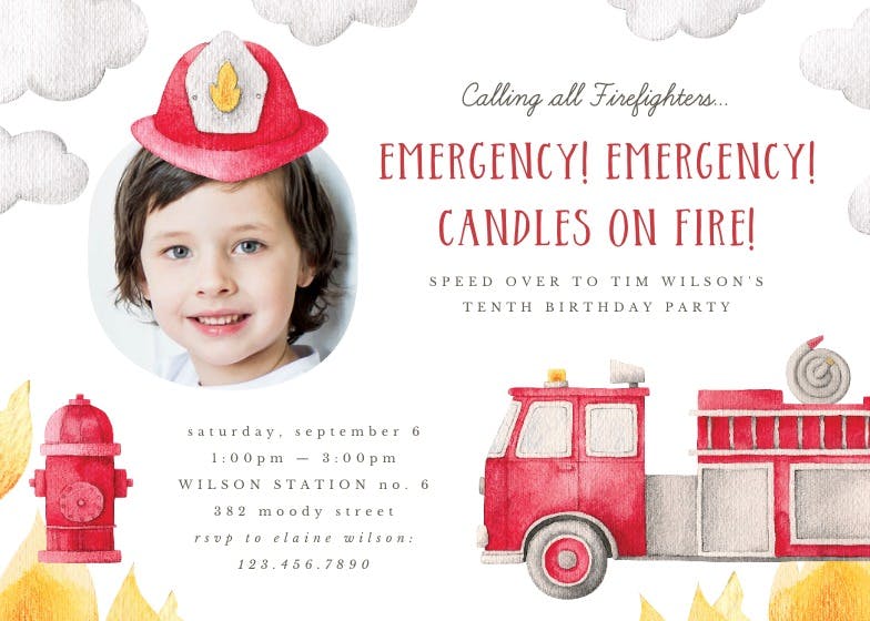 Fast responders fire truck photo - birthday invitation