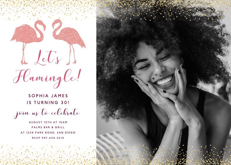 Glitter flamingo -  invitación de fiesta de cumpleaños con foto