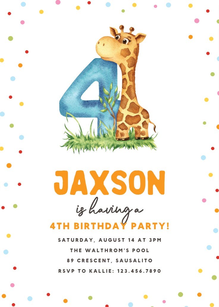 4th birthday giraffe - birthday invitation