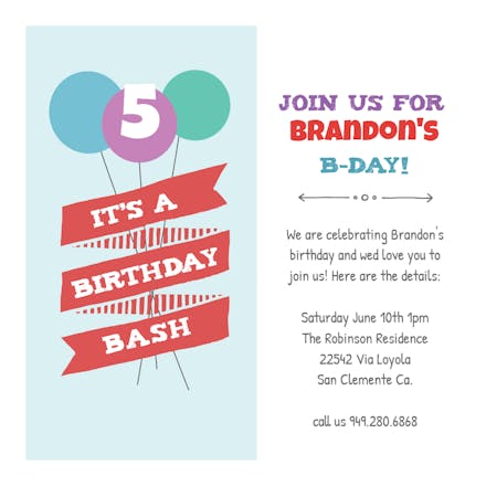 Balloons and Banner - Birthday Invitation