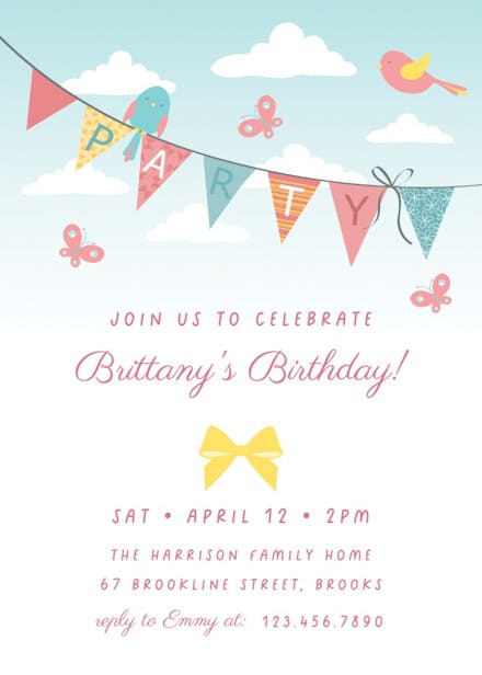 Birds and butterflies - birthday invitation