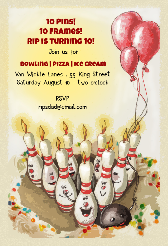 Bowling Birthday Party Birthday Invitation Template (Free