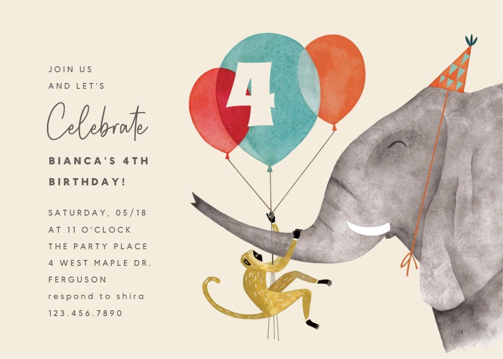 Elephant and monkey - birthday invitation