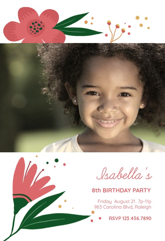 Flower girl -  invitación de fiesta de cumpleaños con foto