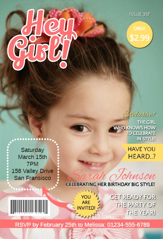 Hey girl magazine cover -  invitación de fiesta